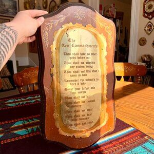 Vintage Homco Solid Wood and Brass Ten Commandments Wall Plaque